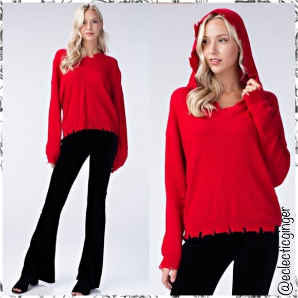 Red distressed & frayed edge hooded long sleeve sweater Medium M Large L hoodie - Picture 5 of 7